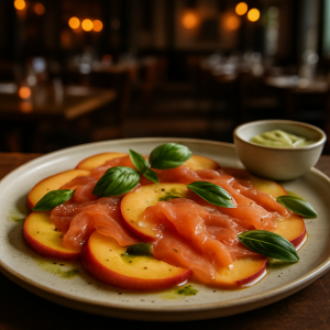 A plate of peach and salmon carpaccio garnished with basil.