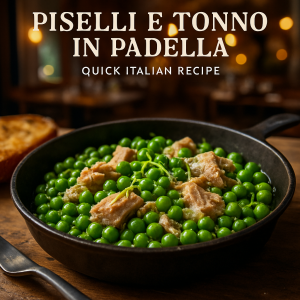 A skillet with peas and tuna, a classic Italian dish.