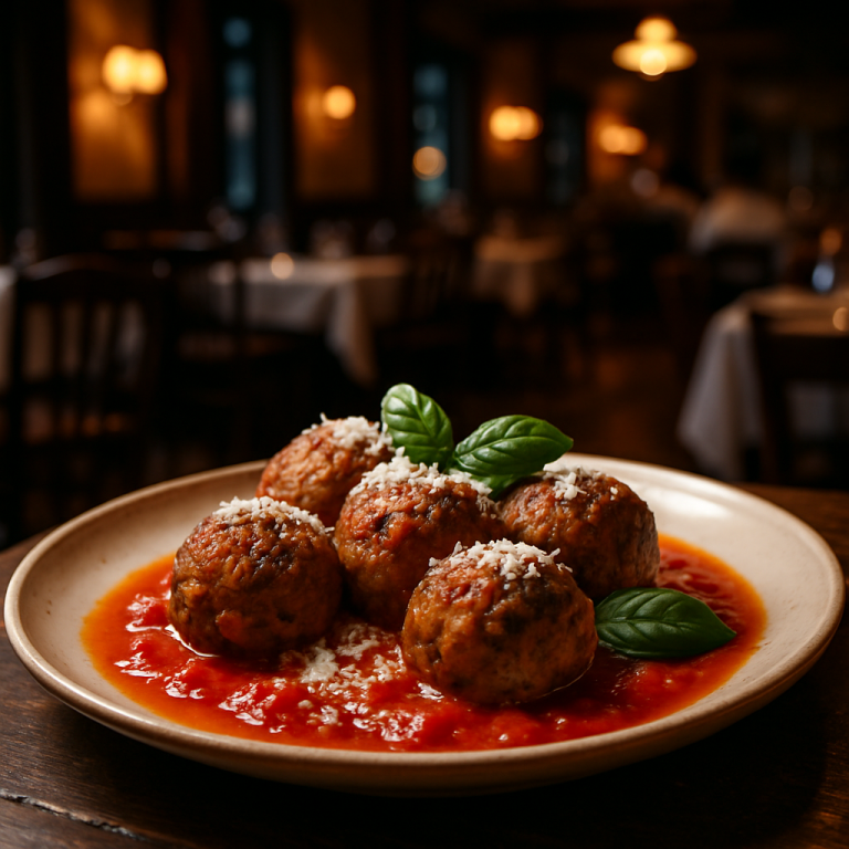 Polpette di Melanzane alla Norma served with tomato sauce and basil.