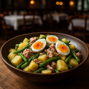 Bowl of Italian potato, green bean, tuna, and egg salad.