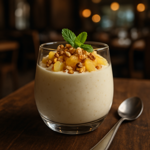 A delicious glass of ricotta and pineapple mousse topped with nuts.