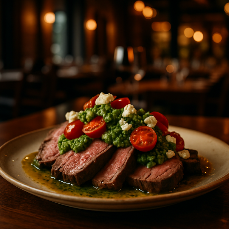 Roast beef with arugula pesto, cherry tomatoes, and goat cheese served on a plate.