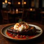 Roasted eggplant topped with creamy burrata and drizzled with spicy chili oil.