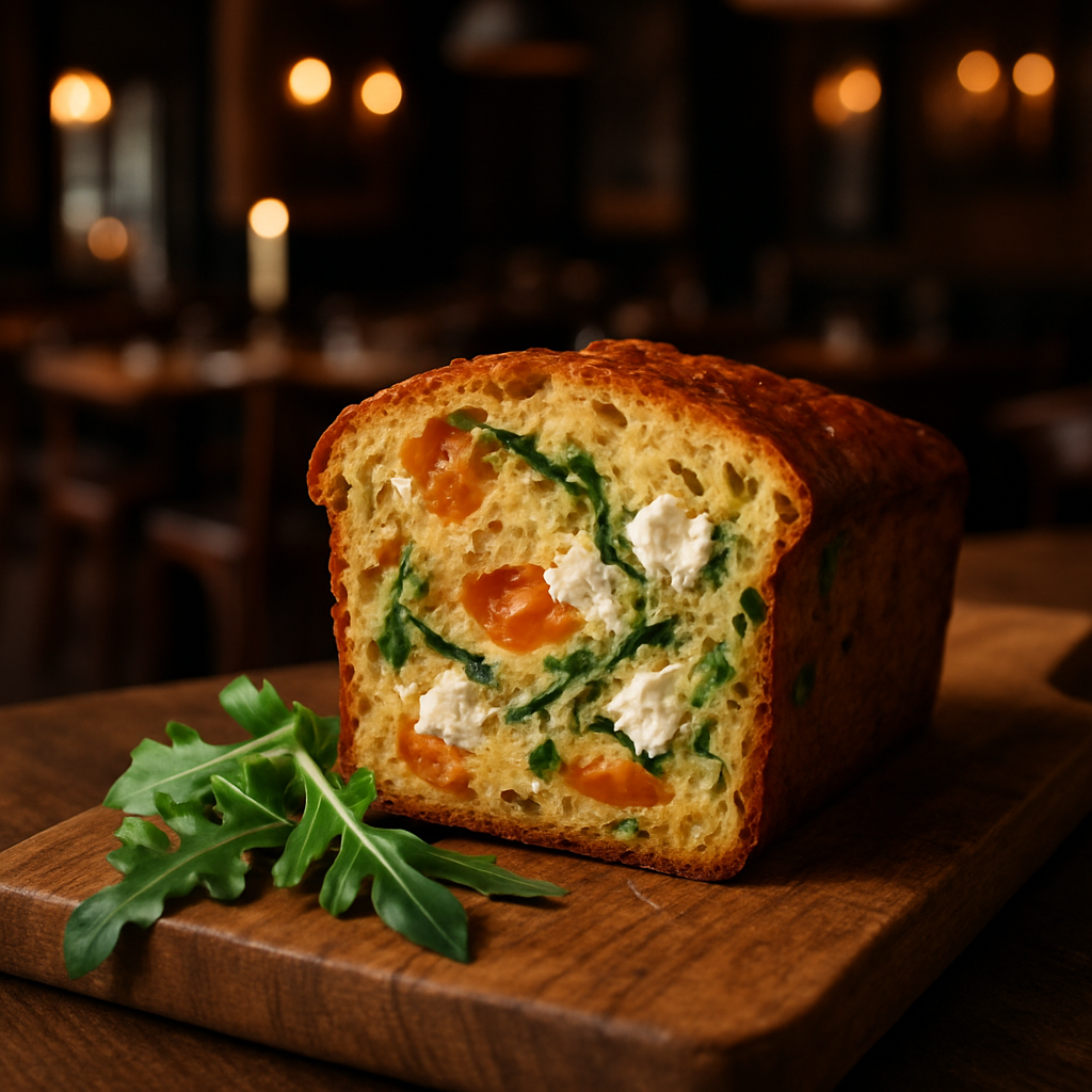 A slice of savory plumcake with apricots, arugula, and goat cheese on a wooden board.