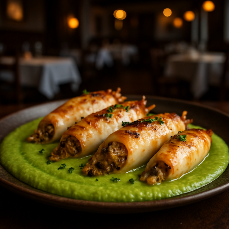 Sicilian stuffed calamari served on a smooth pea cream.
