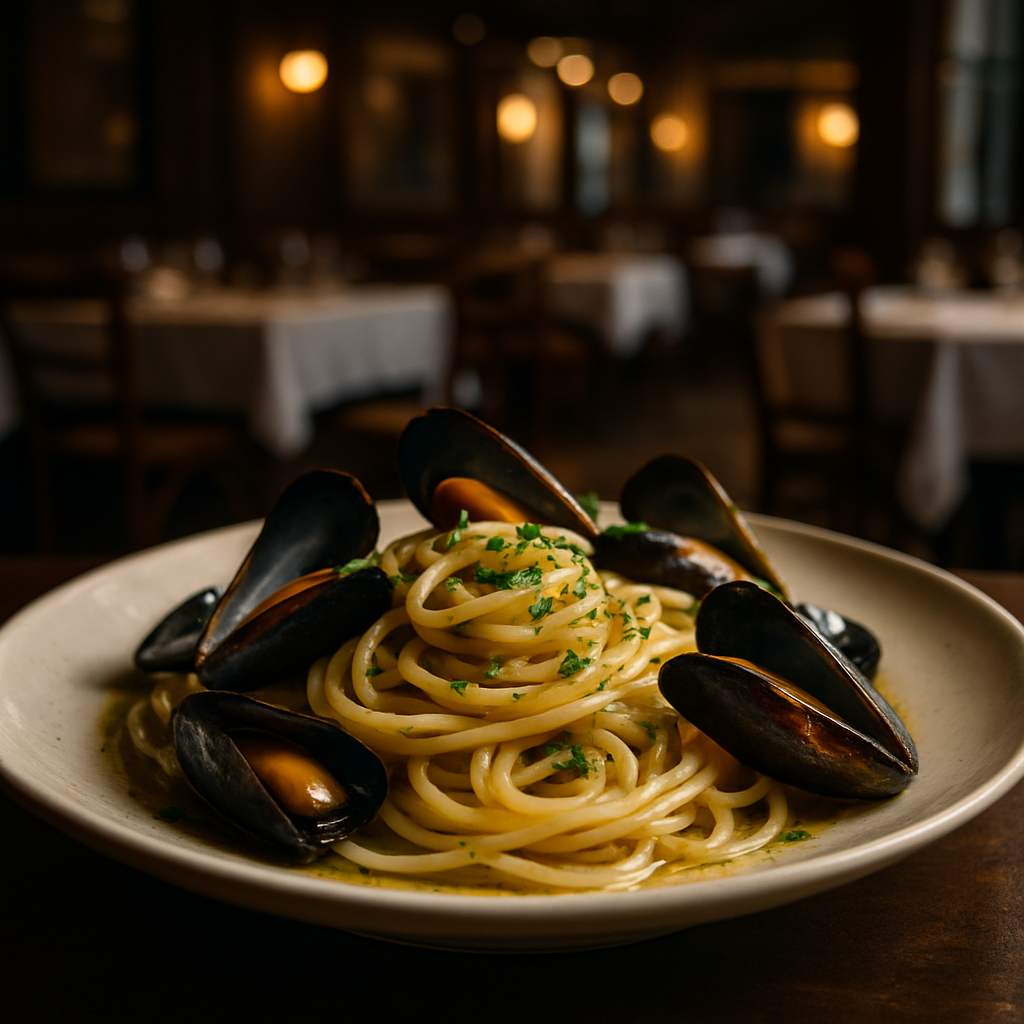 A delicious plate of Spaghetti con le Cozze in Bianco garnished with parsley.