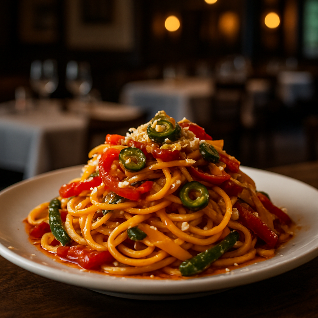 A vibrant plate of spaghetti with mixed peppers, showcasing Italian flavors.