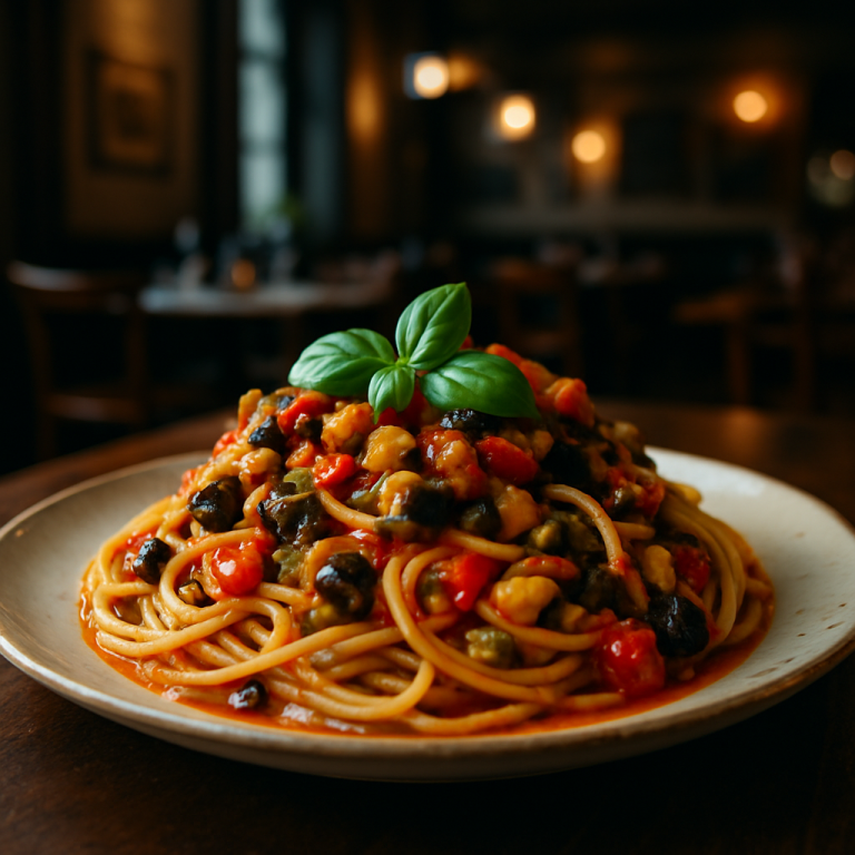 A plate of spaghetti with vibrant summer caponata sauce.