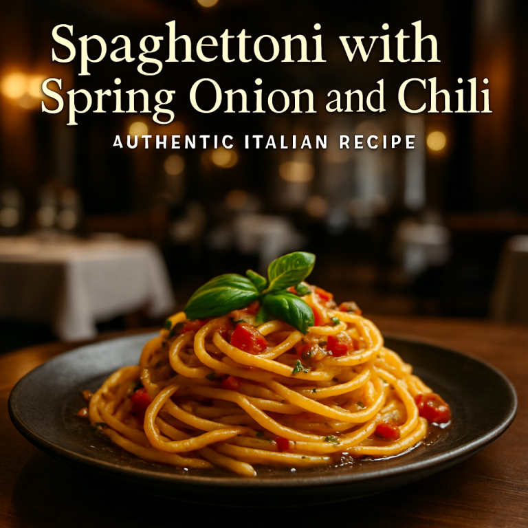 Plate of Spaghettoni with spring onion and chili garnished with fresh basil.