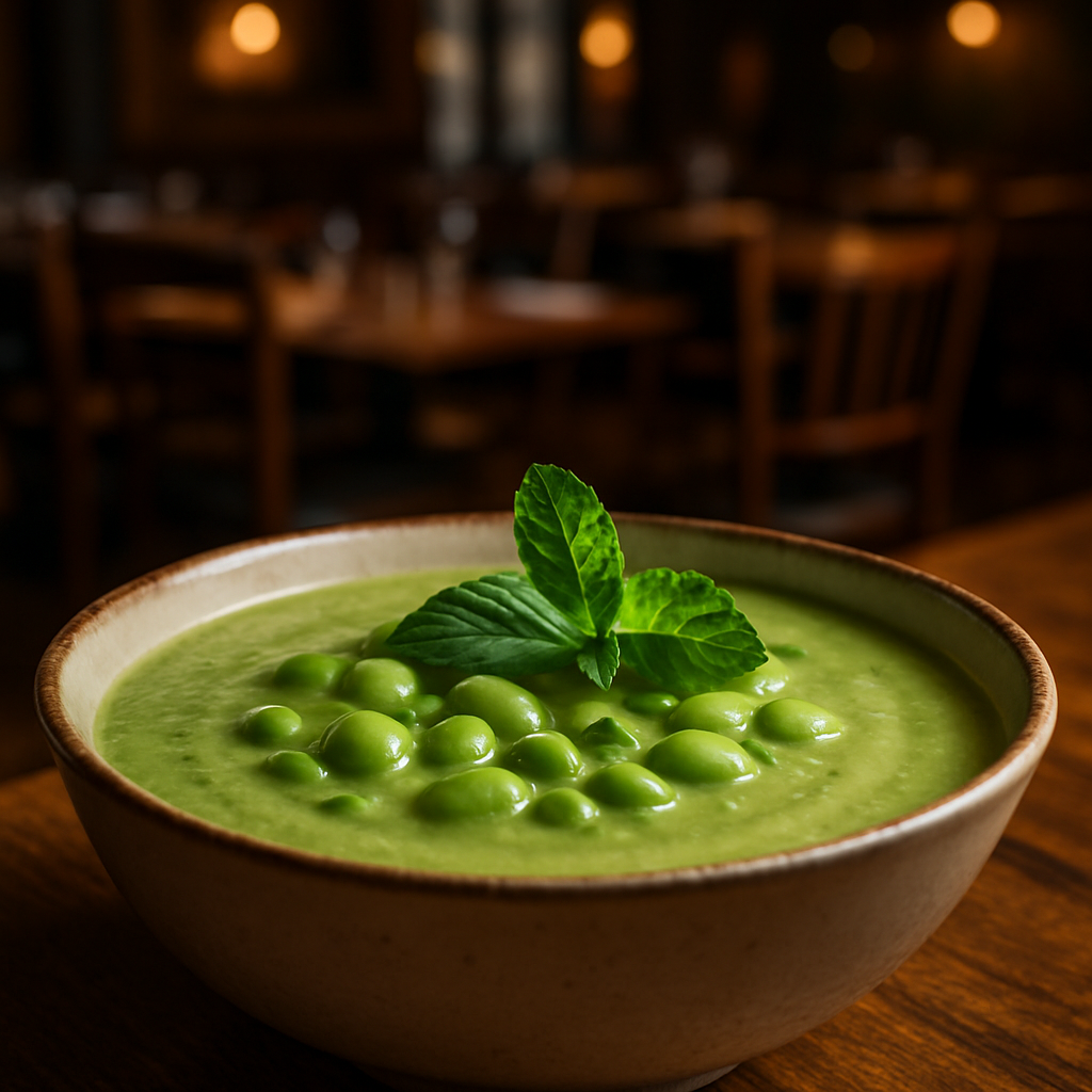 A bowl of broad bean and pea soup garnished with fresh mint.