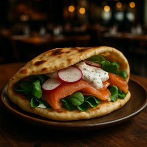 Stuffed naan bread with smoked salmon, fresh greens, and yogurt sauce.