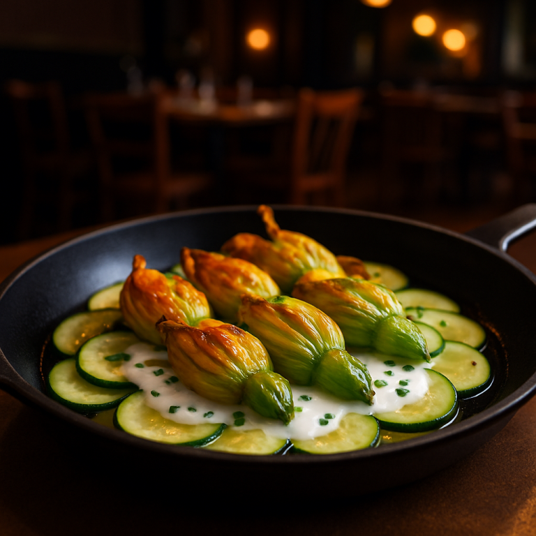 Stuffed zucchini flowers served on a colorful bed of sliced zucchini with lemon yogurt sauce.