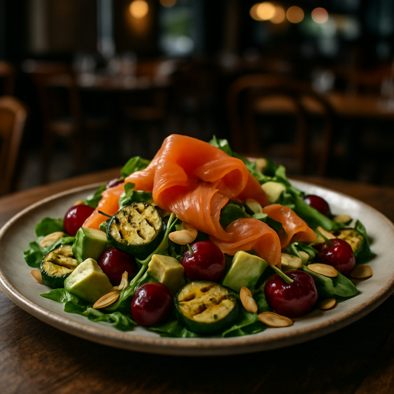 A colorful summer salad with smoked salmon, grilled zucchini, avocado, cherries, and toasted almonds.