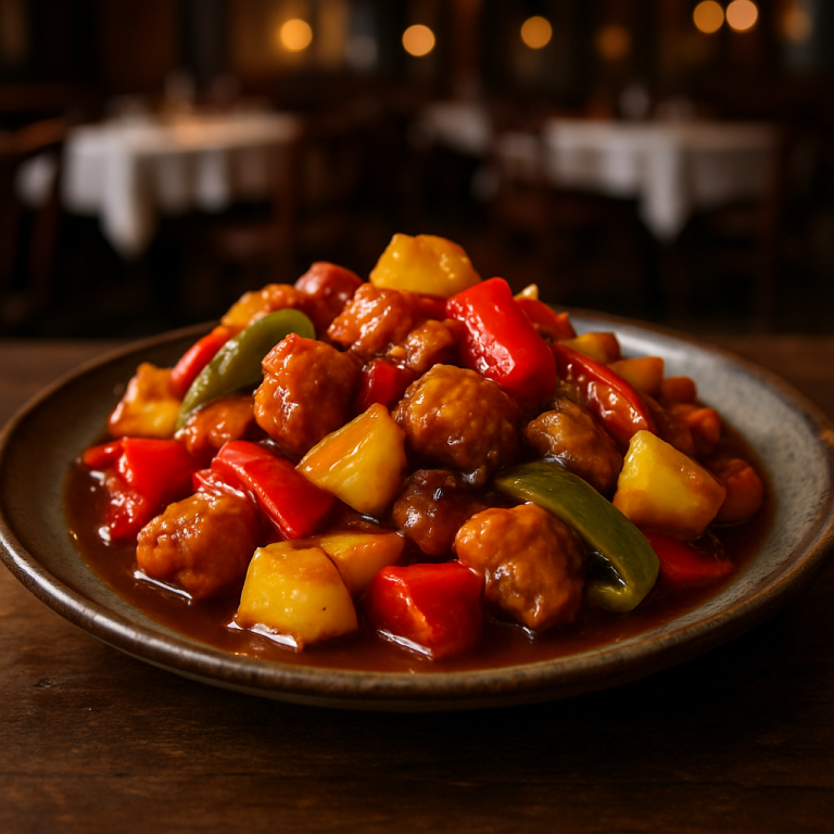 Sweet and Sour Chicken with colorful peppers and pineapple chunks.