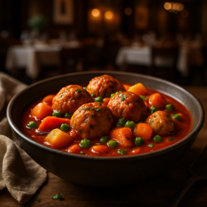 A bowl of Italian chicken meatballs in tomato stew with vegetables.
