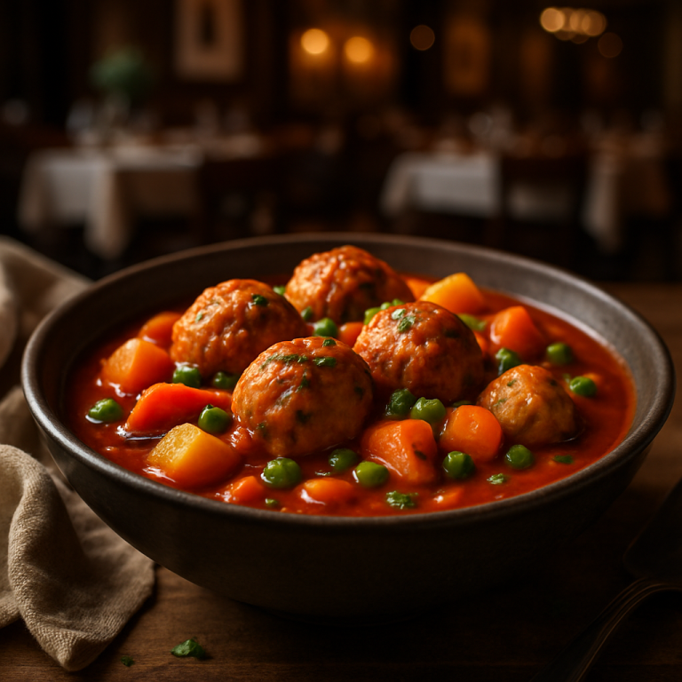 A bowl of Italian chicken meatballs in tomato stew with vegetables.