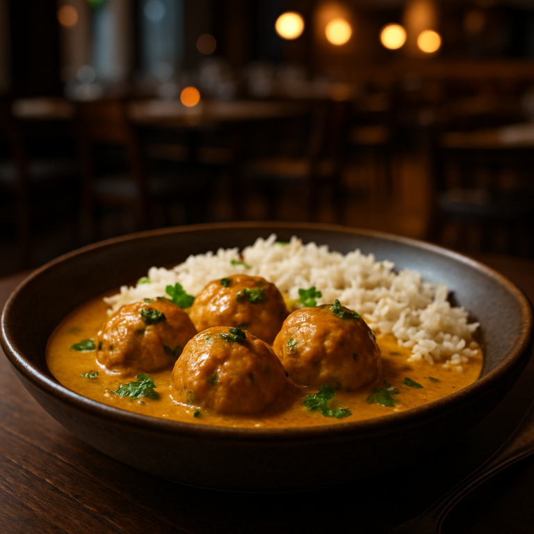 Turkey meatballs with coconut milk and curry served with basmati rice.