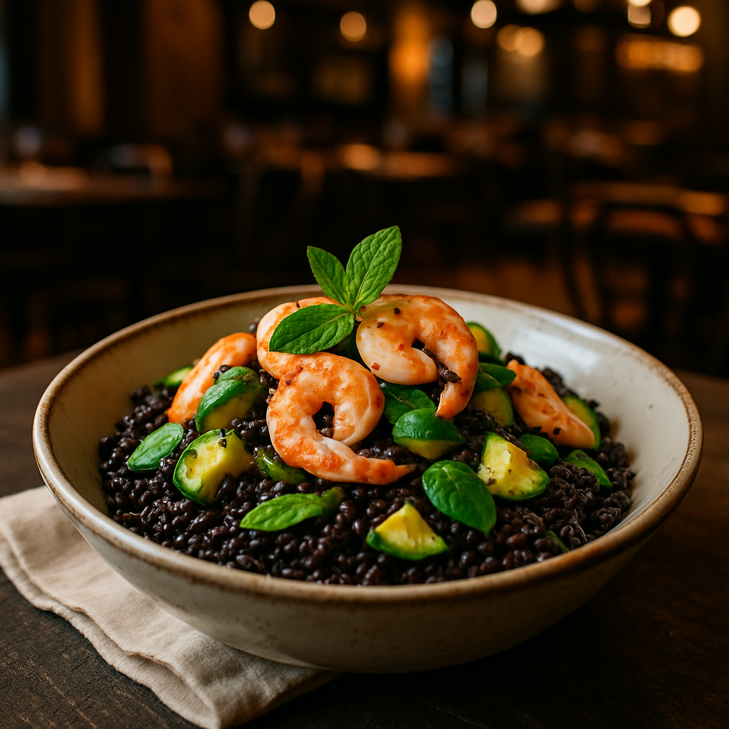 Venere rice with shrimp, zucchini, and mint served in a bowl.
