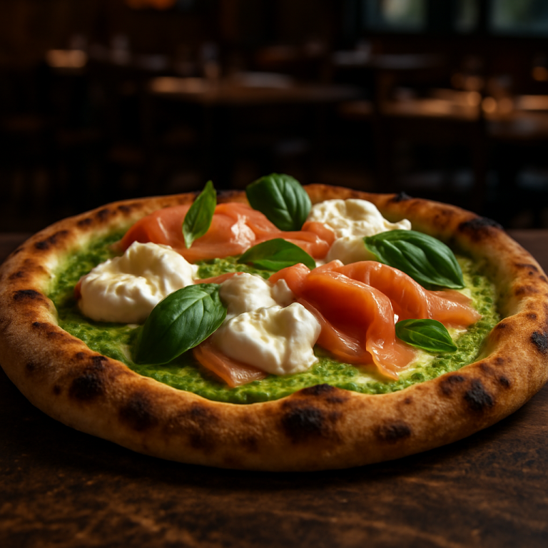 White pizza topped with zucchini cream, burrata, and smoked salmon.