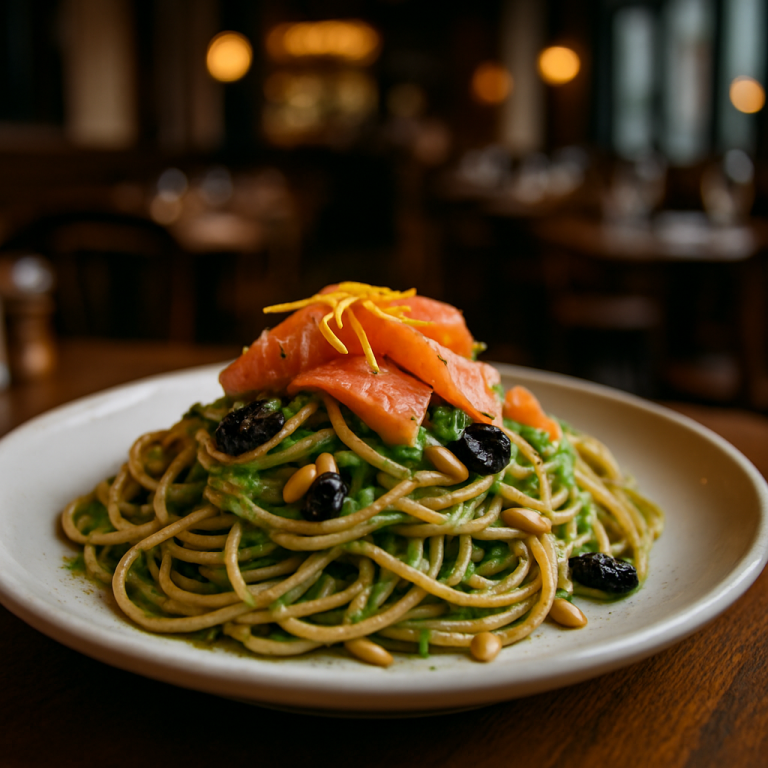 Plate of whole wheat spaghetti with arugula pesto and smoked salmon.