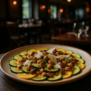 Colorful zucchini carpaccio with nuts and cheese.