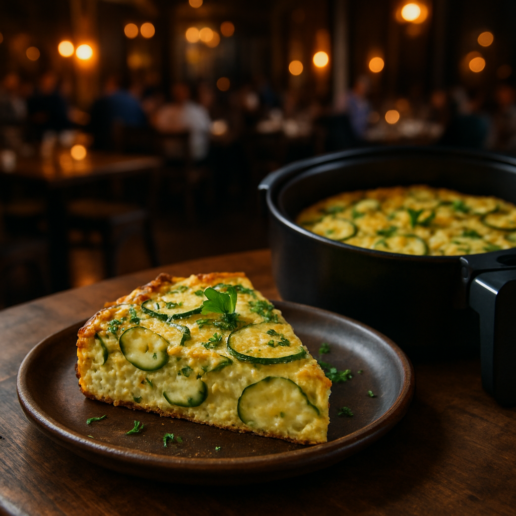 A slice of zucchini frittata cooked in an air fryer, garnished with fresh herbs.