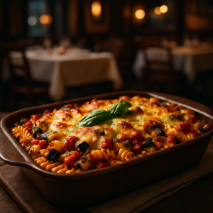 A dish of baked pasta with vegetable ragù, topped with golden cheese.