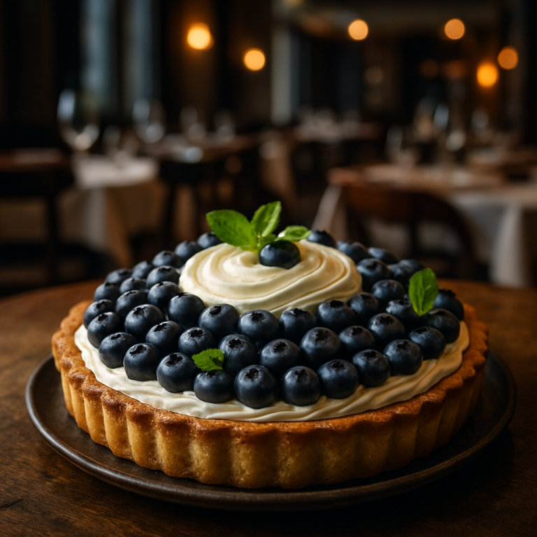 A beautiful Italian blueberry tart with cream cheese frosting.