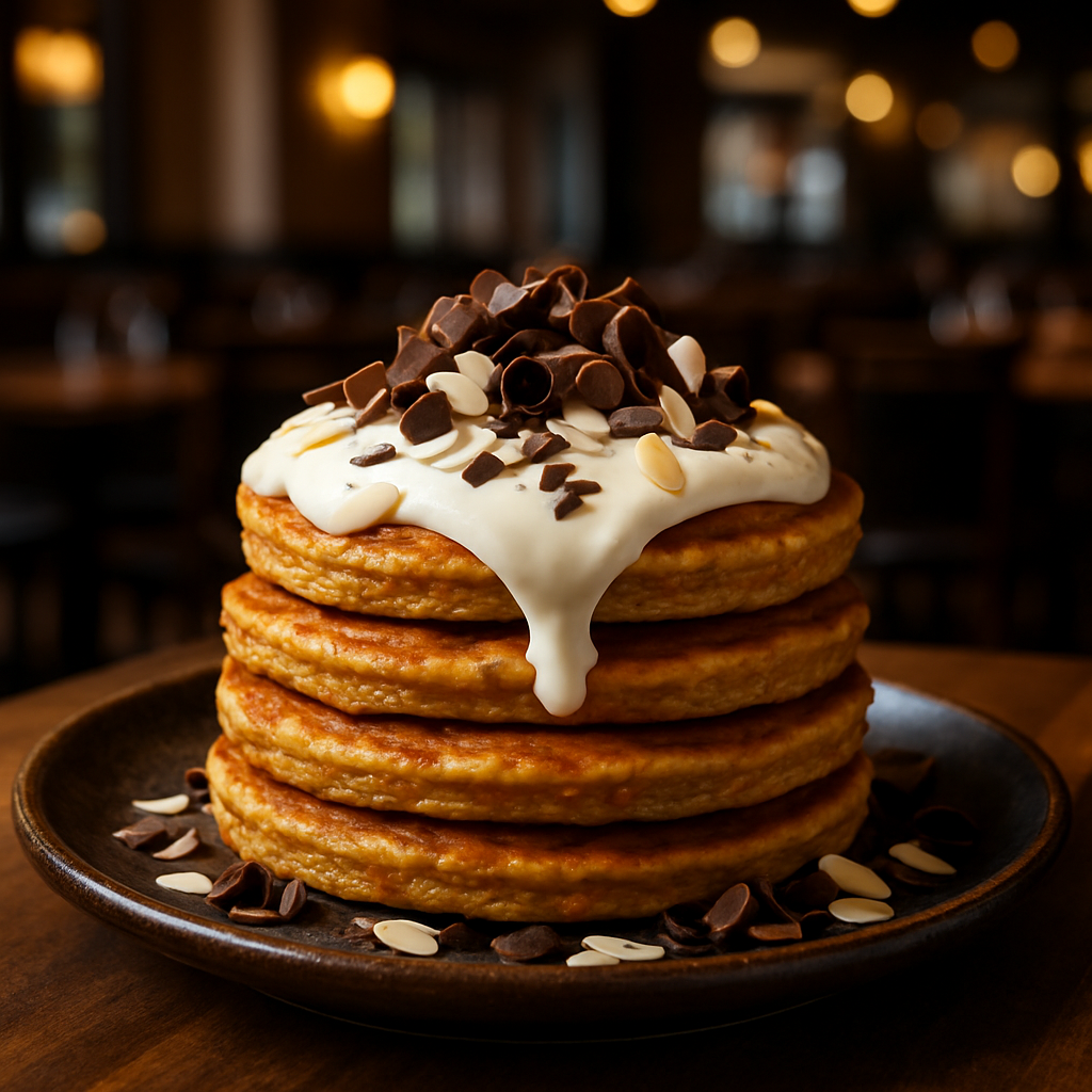 Delicious carrot pancakes topped with cream cheese frosting and chocolate curls.