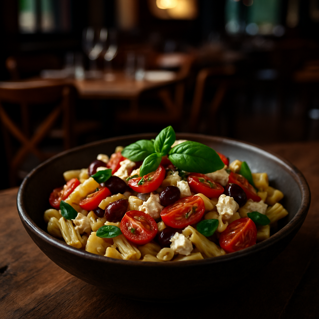 A colorful bowl of cold pasta salad with feta, cherry tomatoes, and basil.