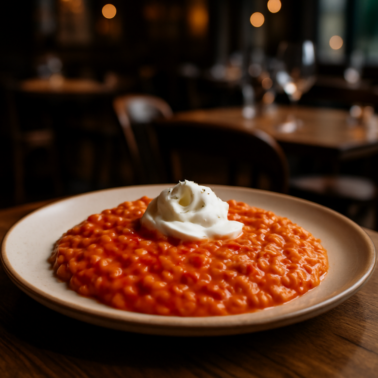 A bowl of creamy risotto with red bell peppers and robiola cheese.