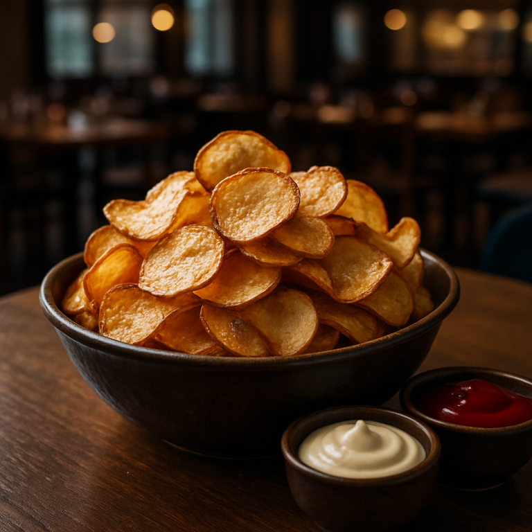Crispy air fryer potato chips served in a bowl.