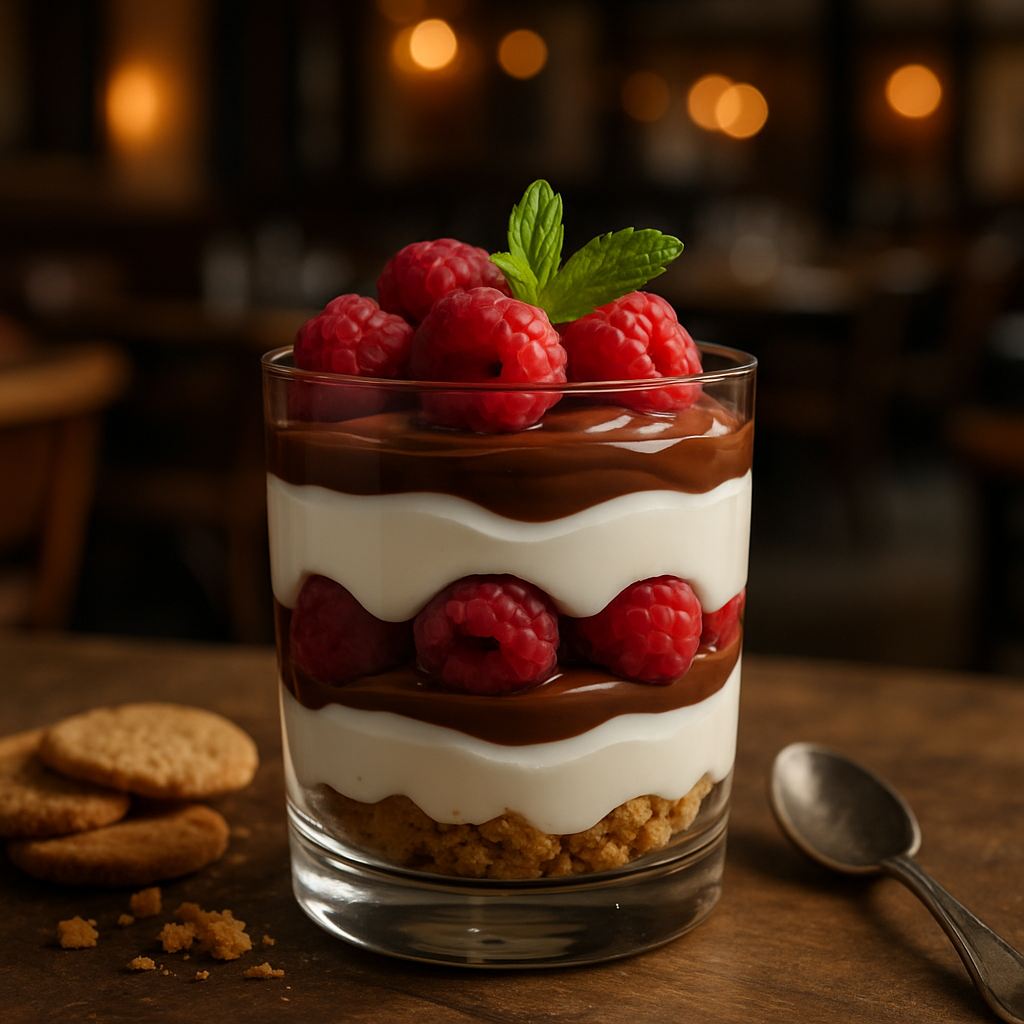 A delicious parfait with Greek yogurt, Nutella®, raspberries, and Digestive biscuits.
