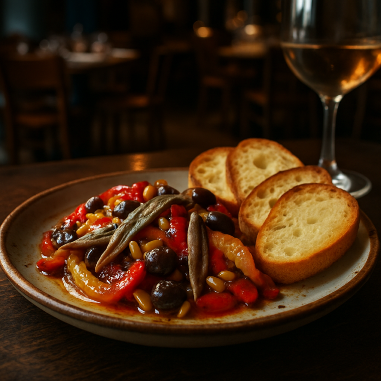 A vibrant Italian appetizer with roasted peppers and crostini.