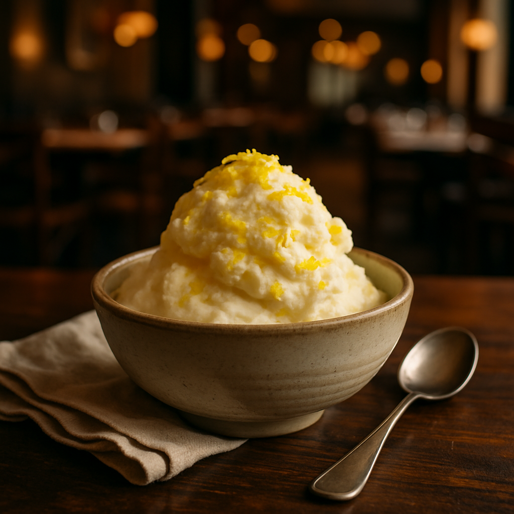 A bowl of refreshing lemon spumone topped with lemon zest.