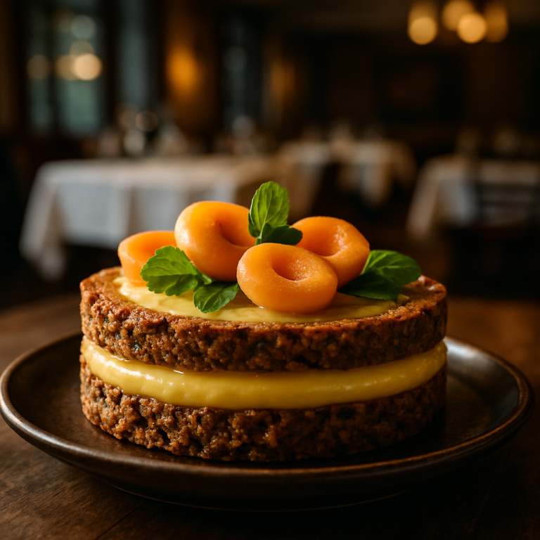 Dried Fruit Cake with Lemon Cream topped with fresh apricots and mint.