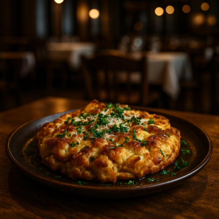 Frittata di Pane garnished with herbs and cheese.