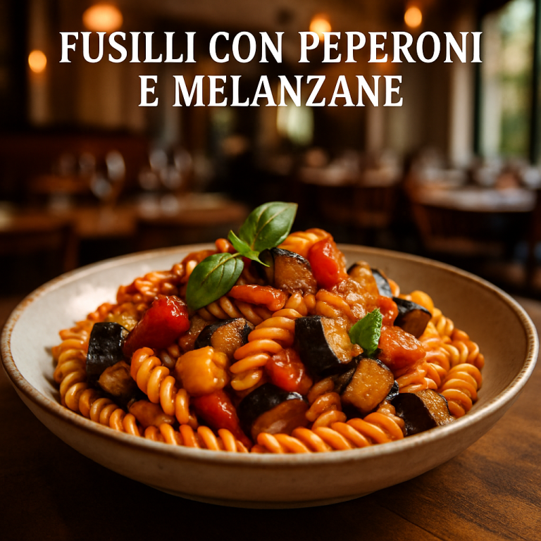 A bowl of fusilli pasta mixed with vibrant peppers and eggplants.