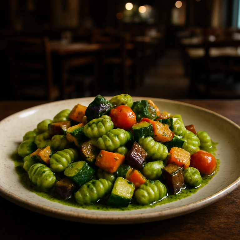 A plate of gnocchetti with arugula pesto and colorful summer vegetables.