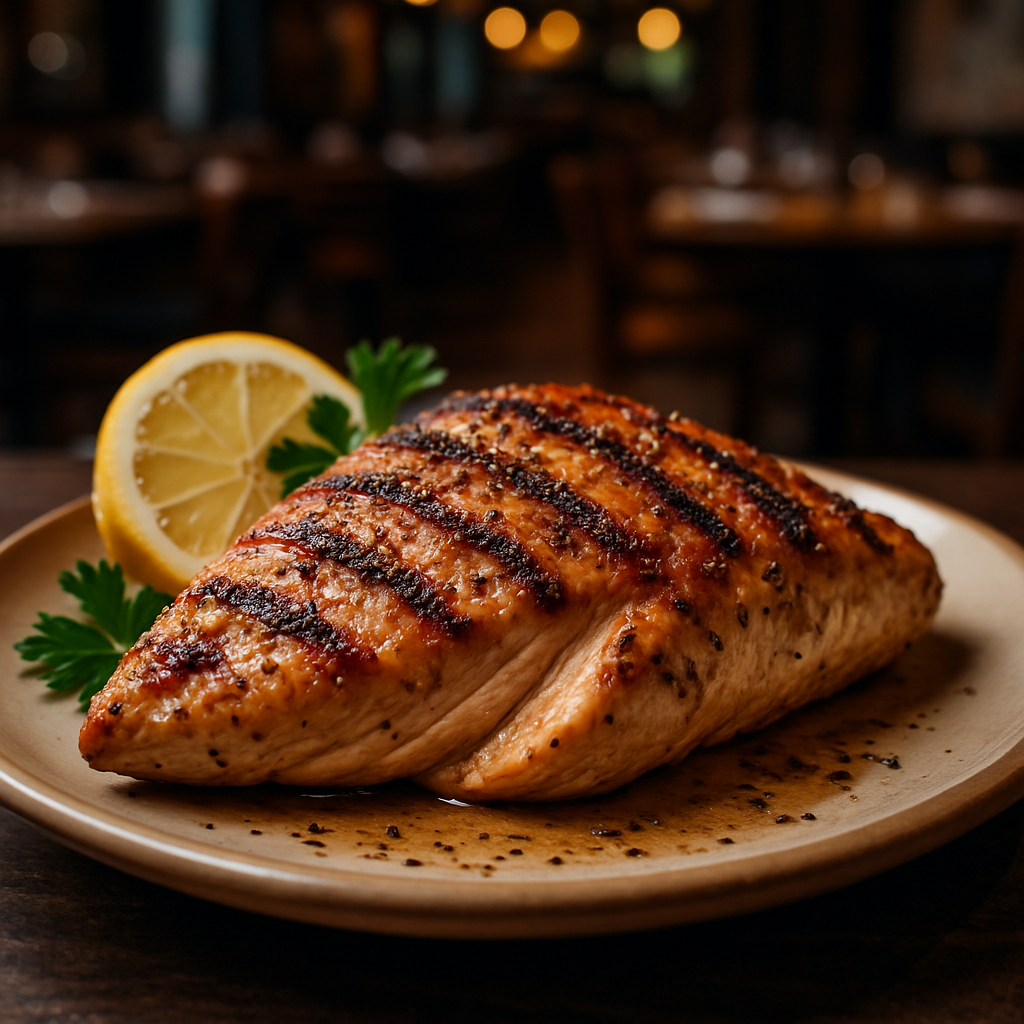 Juicy grilled chicken breast served on a plate.