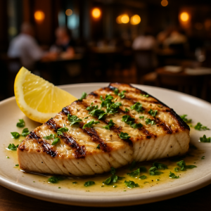 Juicy grilled swordfish with lemon and herbs.
