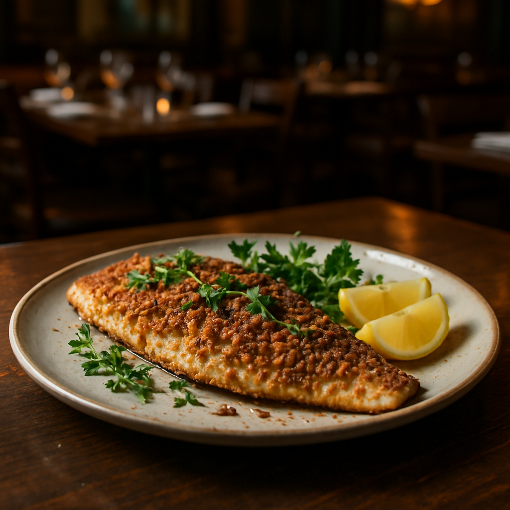 Hazelnut-Crusted Trout served with fresh herbs and lemon slices.