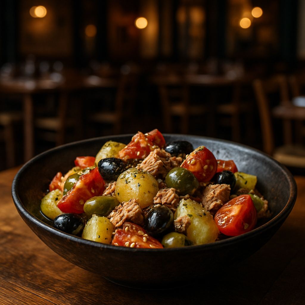A vibrant bowl of Insalata Eoliana with tomatoes, tuna, and olives.