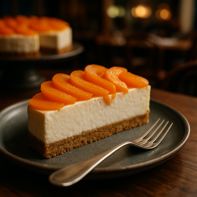 Lactose-free apricot cheesecake slice on a plate.