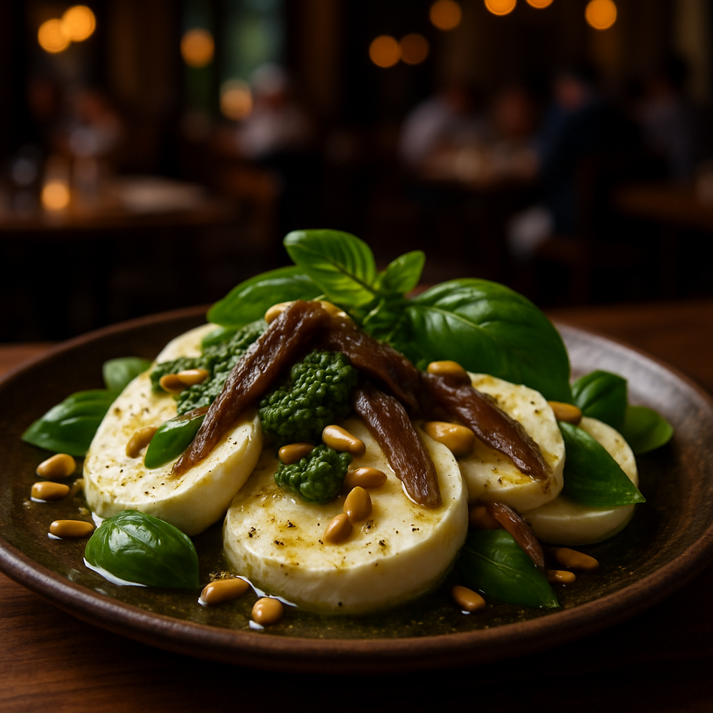 A plate of Liguria-Style Marinated Mozzarella with basil and pine nuts.