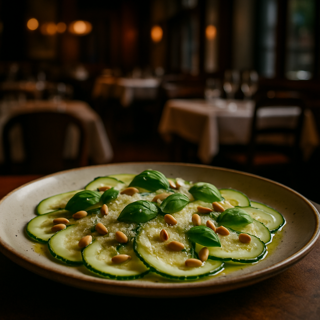 A plate of Ligurian Zucchini Carpaccio garnished with pine nuts and basil.