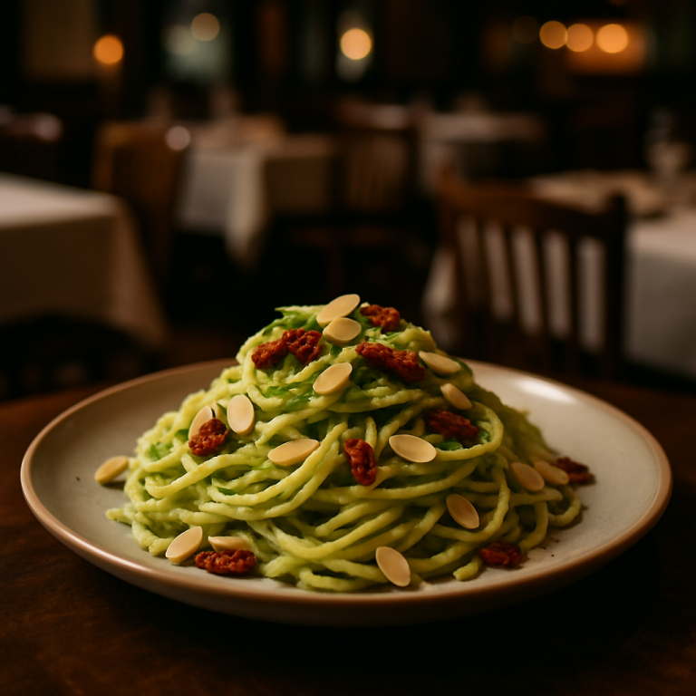 A plate of linguine with lettuce pesto, garnished with almonds and sun-dried tomatoes.