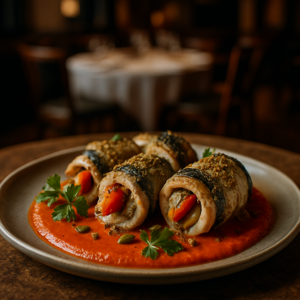 Mackerel and bell pepper rolls served on a plate with garnish.