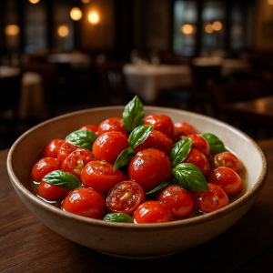 A bowl of marinated cherry tomatoes with fresh basil.