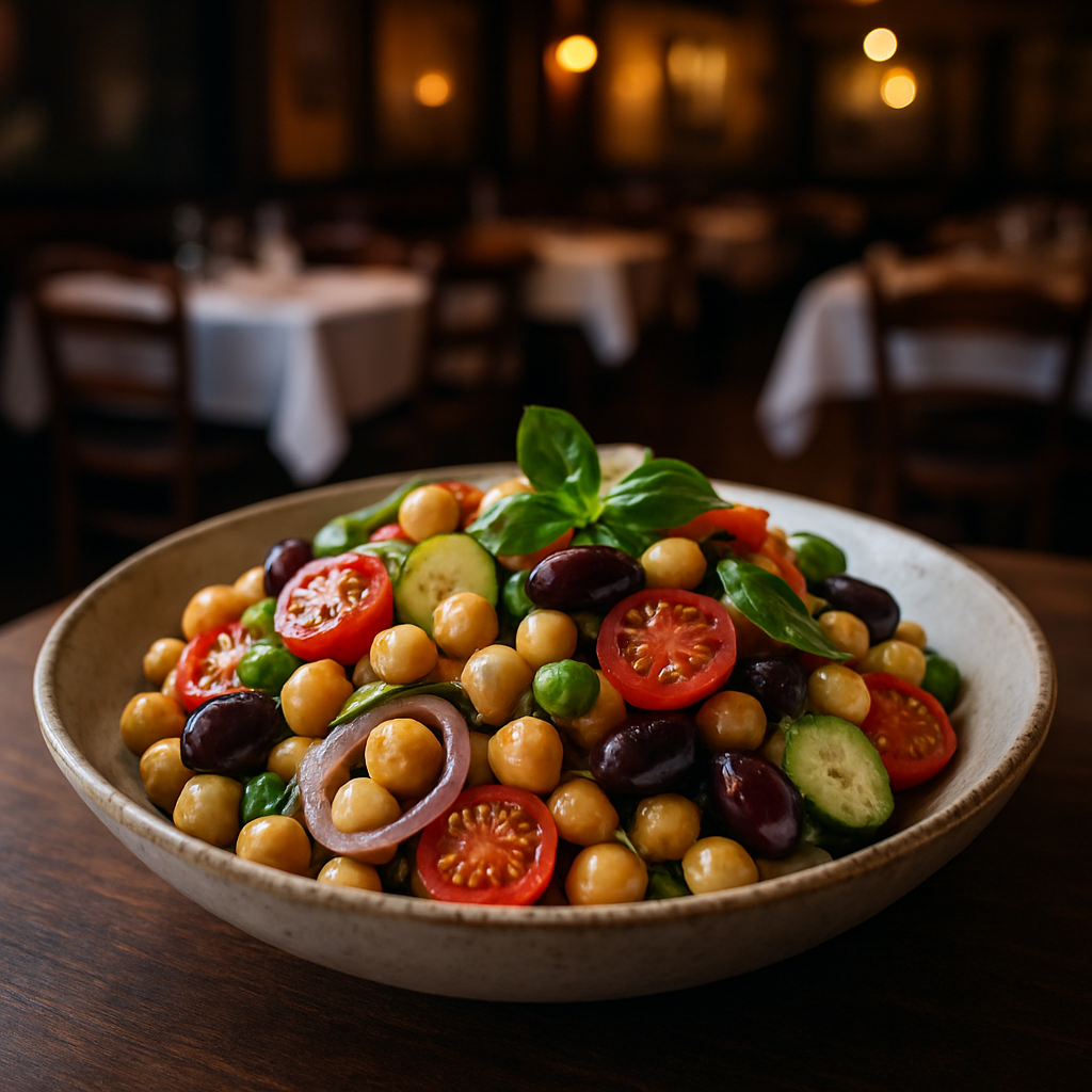 A vibrant Mediterranean chickpea salad with tomatoes, cucumbers, and olives.